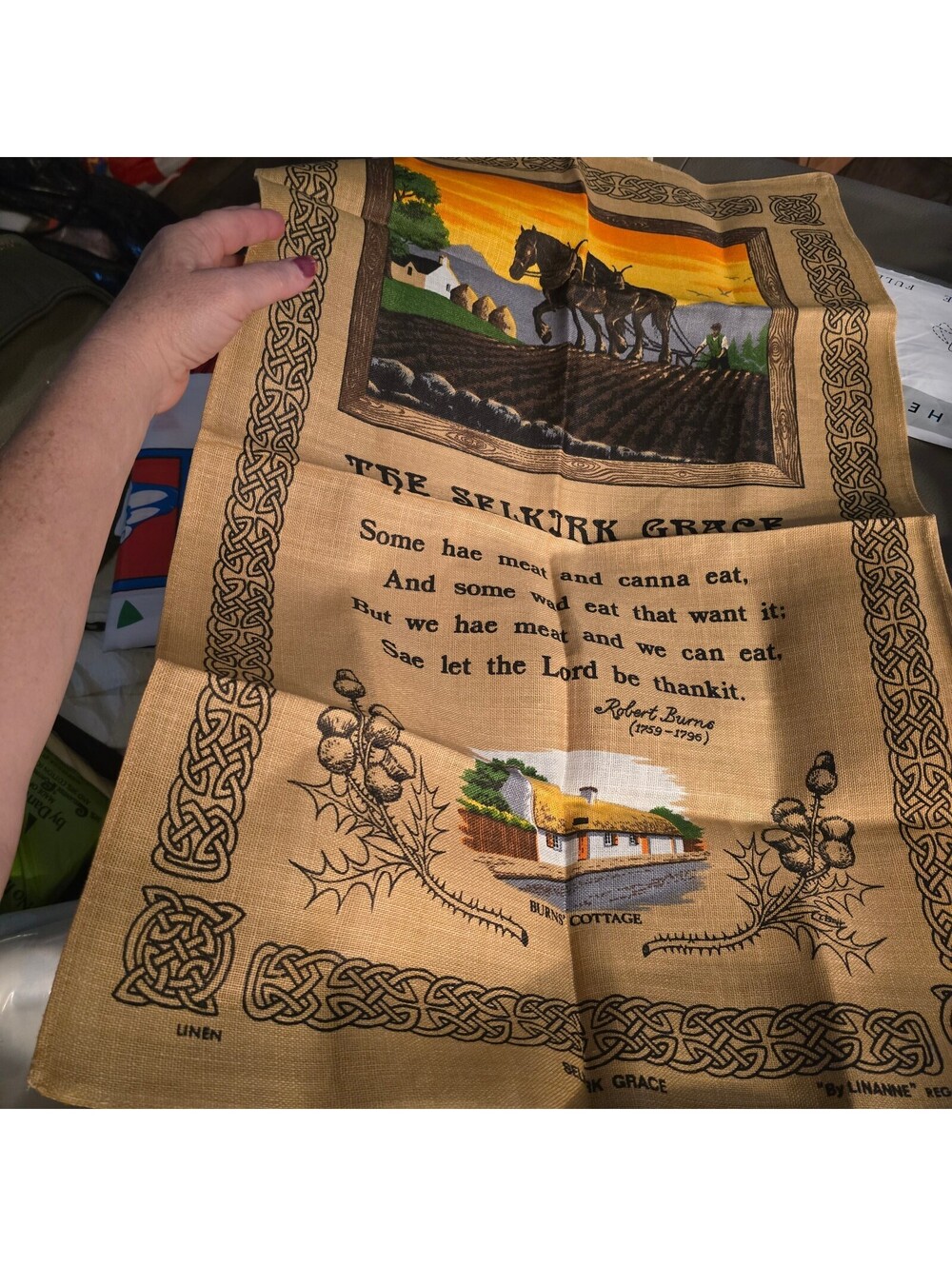 Vintage Linen Tea Towel with Selkirk Grace and Scottish Cottage Design